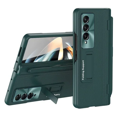 For Samsung Galaxy Z Fold3 5G Hinged Kickstand Case PU Leather + PC Phone Cover with Stylus and Tempered Glass Film - Green