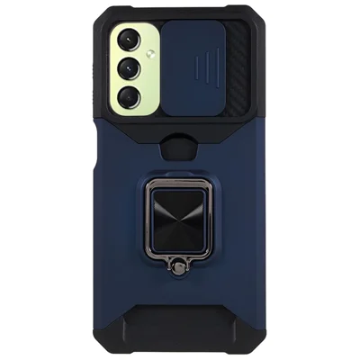 PC+TPU Phone Case for Samsung Galaxy A24 4G (162.1 x 77.6 x 8.3mm) Lens Protection Kickstand Back Cover with Card Holder - Navy Blue