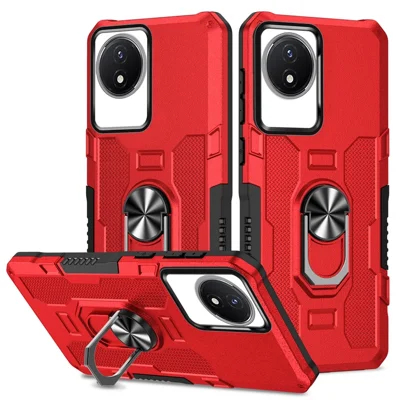 For vivo Y02 4G Heavy Duty PC + TPU Phone Case Ring Kickstand Anti-Scratch Back Cover - Red