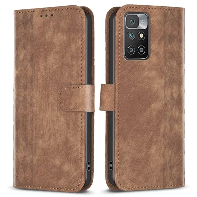 For Xiaomi Redmi Note 11 4G (MediaTek) / Redmi 10 4G (2021) / Redmi 10 2022 4G / 10 Prime Imprinting Grid Wallet Stand Phone Leather Case - Brown