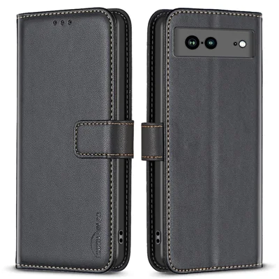 BINFEN COLOR BF17 For Google Pixel 7a Wallet Phone Cover Anti-Scratch PU Leather Phone Stand Case - Black
