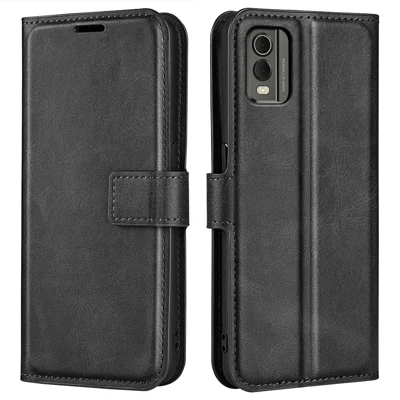 Para Nokia C32 Stand Shell Wallet Square Magnetic Closure PU Leather Calf Texture Phone Case - Preto