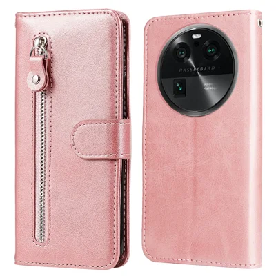 For Oppo Find X6 Pro Zipper Pocket Phone Case Stand Shell Calf Texture Anti-Scratch Wallet Cover - Pink