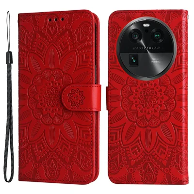 For Oppo Find X6 Pro PU Leather Wallet Protective Cover Sunflower Imprinted Phone Flip Stand Case - Red