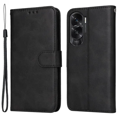 Cell Phone Cover for Honor X50i 5G / 90 Lite 5G Calf Texture Anti-scratch PU Leather Wallet Stand Case with Strap - Black