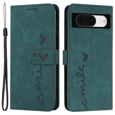 For Google Pixel 8 Imprinted Heart Shape Folio Flip Stand Shell PU Leather Phone Wallet Case - Green