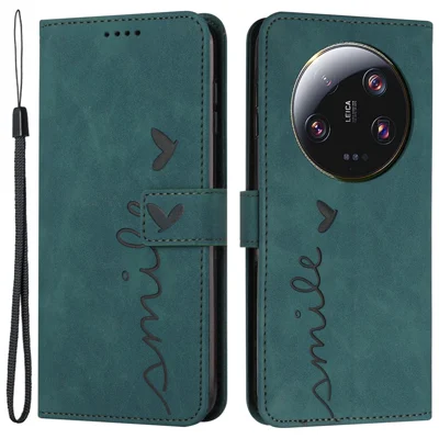 Folio Flip Shell for Xiaomi 13 Ultra Imprinted Heart Shape Stand PU Leather Phone Wallet Case - Green