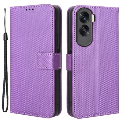 Flip Case for Honor 90 Lite 5G / X50i 5G PU Leather Diamond Texture Wallet Stand Shockproof Phone Cover - Purple