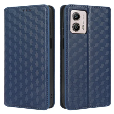 Wallet Shell for Motorola Moto G 5G (2023) Rhombus Imprinted PU Leather Phone Case Flip Stand Cover - Blue