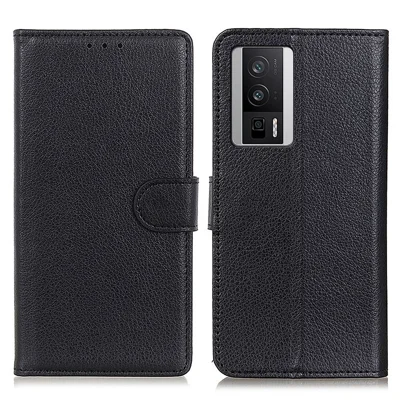 Для Xiaomi Poco F5 Pro / Redmi K60 / K60 Pro 5G кожаный чехол с текстурой личи, кожаный стоячий бумажник - черный
