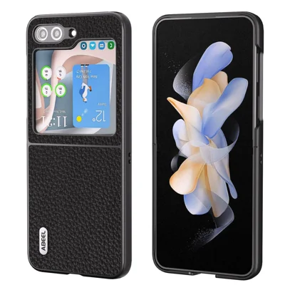 ABEEL For Samsung Galaxy Z Flip5 5G Back Phone Case Cowhide Leather Coated PC Litchi Texture Cover - Black