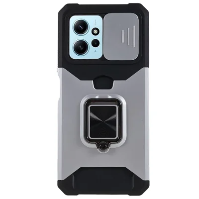 For Xiaomi Redmi Note 12 4G PC+TPU Kickstand Case Slide Lens Protection Phone Cover with Card Holder - Silver