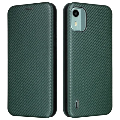 Capa de Telefone de Couro PU com Suporte de Cartão e Textura de Fibra de Carbono para Nokia C12 4G / C12 Pro / C12 Plus - Verde