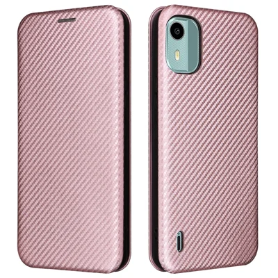 Carcasa de textura de fibra de carbono para Nokia C12 4G / C12 Pro / C12 Plus Funda de teléfono de cuero PU con soporte y ranura para tarjeta - Color dorado rosa