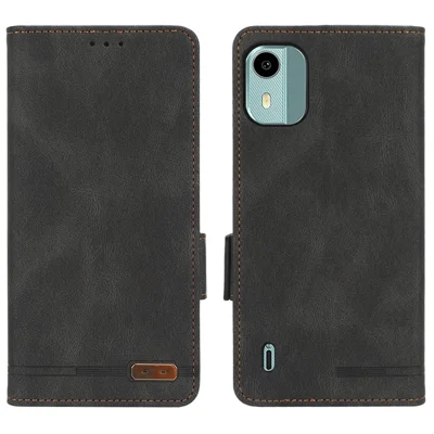 Para Nokia C12 4G / C12 Pro / C12 Plus Carteira PU Leather Phone Case Hardware Decor Stand Cover - Preto