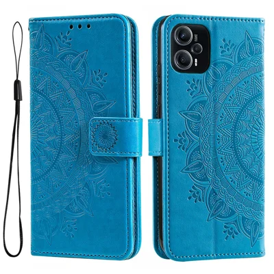 For Xiaomi Redmi Note 12 Turbo / Poco F5 5G Wallet PU Leather Case Mandala Flower Imprint Stand Cover - Blue