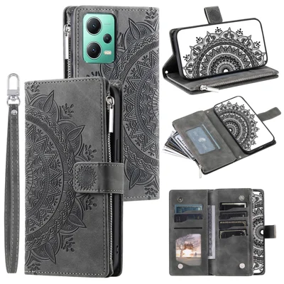 Para Xiaomi Redmi Note 12 5G (China) / (Global) / (India) / Poco X5 5G Mandala Flower Imprint Phone Wallet Case PU Leather Stand Cover - Gris
