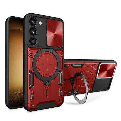 For Samsung Galaxy S23 PC + TPU Phone Case Rotatable Ring Kickstand Back Cover with Slide Camera Lid - Red
