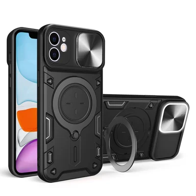 For iPhone 11 Slide Camera Lid Anti-drop Cover PC + TPU Phone Case with Rotatable Kickstand - Black