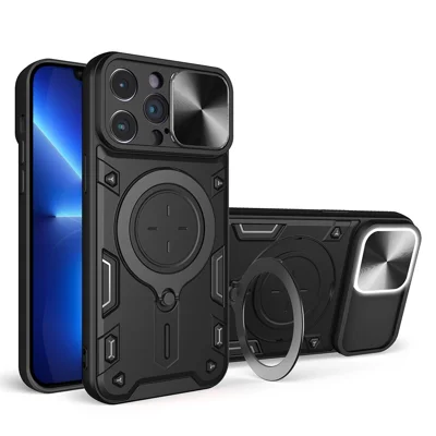For iPhone 13 Pro Max 6.7 inch Rotatable Kickstand Shockproof Cover Slide Camera Lid PC + TPU Phone Case - Black