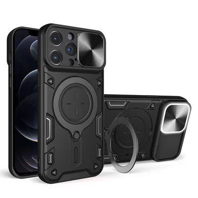 For iPhone 12 Pro 6.1 inch Slide Camera Lid Anti-scratch Cover Rotatable Kickstand PC + TPU Phone Case - Black