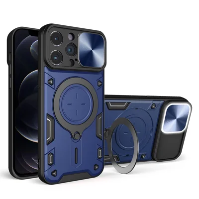 For iPhone 12 Pro 6.1 inch Slide Camera Lid Anti-scratch Cover Rotatable Kickstand PC + TPU Phone Case - Blue