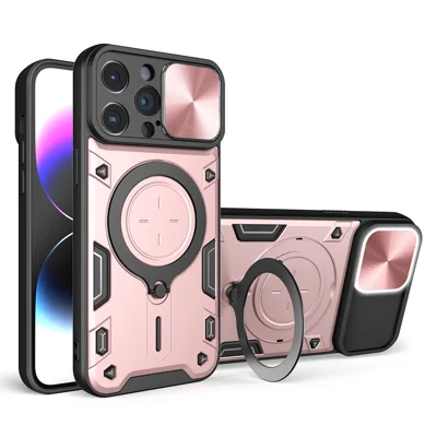 For iPhone 14 Pro Anti-drop Cover Rotatable Kickstand PC + TPU Mobile Case with Slide Camera Lid - Pink