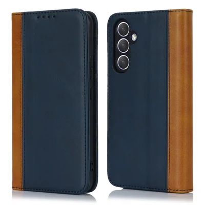 For Samsung Galaxy A54 5G PU Leather Phone Case Stand Bi-color Splicing Magnetic Flip Wallet Cover - Blue+Yellow