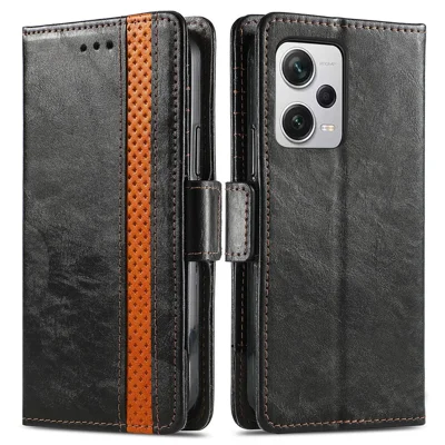 CASENEO 002 Series For Xiaomi Redmi Note 12 Pro+ 5G Splicing PU Leather Stand Cover Wallet RFID Blocking Phone Case - Black