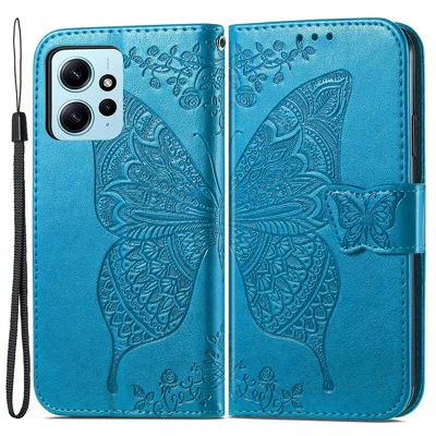 Flip pungtæske i PU-læder til Xiaomi Redmi Note 12 4G med stand og sommerfugl-tryk, blå