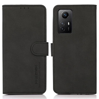 KHAZNEH Phone Case for Xiaomi Redmi Note 12S 4G Textured PU Leather Flip Wallet Stand Cover - Black