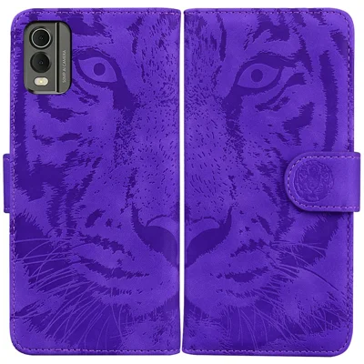 For Nokia C32 Anti-Scratch Stand Phone Cover Supporting Stand Shell Tiger Imprinted PU Leather Phone Case - Purple