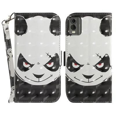 For Nokia C32 Pattern Design Folio Cover PU Leather Stand Wallet Phone Case with Strap - Angry Panda
