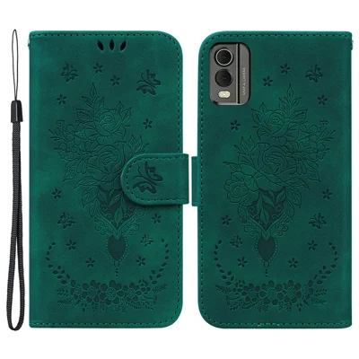 Stand Wallet Leather Case for Nokia C32 , Rose Butterfly Imprinted Full Protection Phone Cover - Green