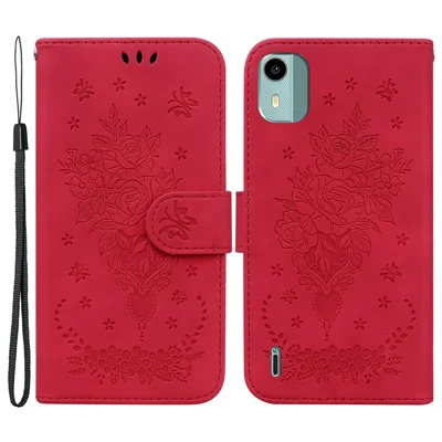 Für Nokia C12 4G / C12 Plus / C12 Pro Handyhalterung Hülle Rose Butterfly Geprägtes PU-Leder Brieftasche Schale - Rot