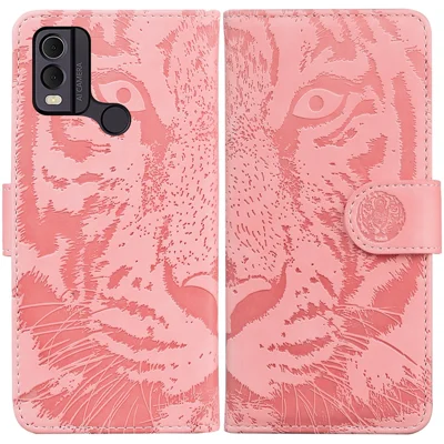 For Nokia C22 PU Leather Case Wallet Stand Shell Tiger Imprinted Pattern Phone Cover - Pink