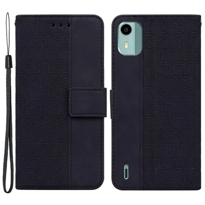 Para Nokia C12 4G / C12 Plus / C12 Pro Geometria Estampada Capa de Telefone de Couro PU Flip Stand Carteira - Preto