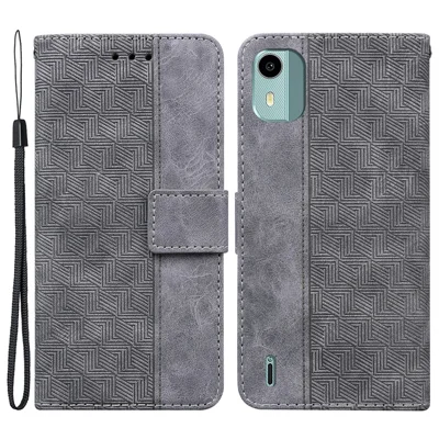 Folia z nadrukiem Geometry do telefonu Nokia C12 4G / C12 Plus / C12 Pro z wysokiej jakości skóry PU, etui otwierane z funkcją podstawki i portfelikiem - Szary