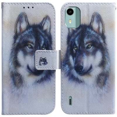 Para Nokia C12 4G / C12 Pro / C12 Plus Capa de carteira de couro PU com impressão de padrão Capa de telefone com suporte - Lobo