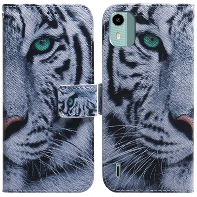 Für Nokia C12 4G / C12 Pro / C12 Plus PU-Ledertasche mit Musteraufdruck, Ständer und Telefonhülle - Tigerkopf