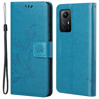 Leather Phone Case for Xiaomi Redmi Note 12S 4G Butterfly Flower Imprinted Flip Stand Wallet Cover - Blue