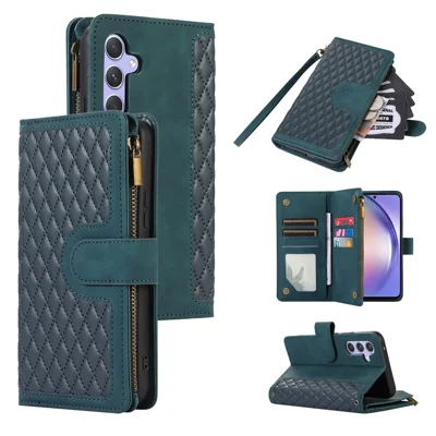 For Samsung Galaxy A34 5G PU Leather 9 Card Slots Zipper Pocket Phone Case Rhombus Imprint Stand Wallet Cover - Green
