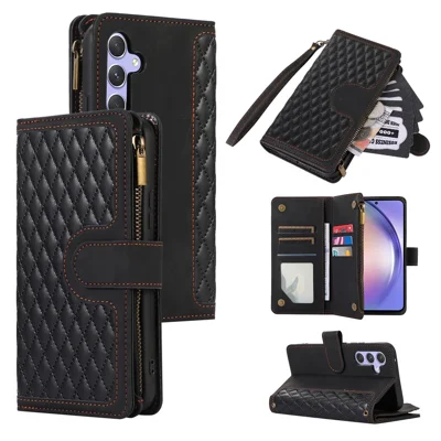 Für Samsung Galaxy A24 4G (162,1 x 77,6 x 8,3 mm) Mappen-Handytasche mit Reißverschlussfach, Ständerfunktion, 9 Kartensteckplätzen, geprägtem Lederschalenetui - Schwarz
