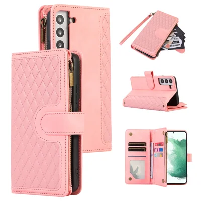 For Samsung Galaxy S21 FE 5G Zipper Pocket 9 Card Slots Phone Case PU Leather Wallet Stand Anti-drop Cover - Rose Gold