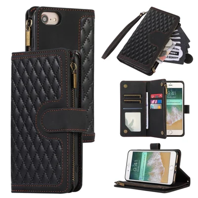 For iPhone 7 / 8 4.7 inch / SE (2022) / (2020) Imprinted Phone Case 9 Card Slots Leather Wallet Stand Cover with Zipper Pocket - Black