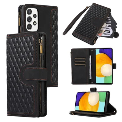 For Samsung Galaxy A32 4G (EU Version) Rhombus Imprint Zipper Pocket Wallet Phone Case Leather Card Holder Stand Cover - Black