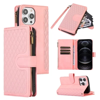 For iPhone 12 Pro Max 6.7 inch Leather Wallet Card Holder Phone Case Rhombus Imprinted Stand Cover with Zipper Pocket - Rose Gold