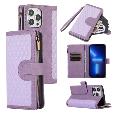 For iPhone 13 Pro Max 6.7 inch PU Leather 9 Card Slots Wallet Phone Case Imprinted Zipper Pocket Flip Stand Cover - Purple