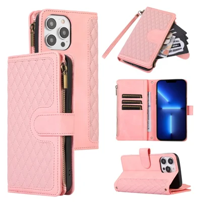 For iPhone 13 Pro Max 6.7 inch PU Leather 9 Card Slots Wallet Phone Case Imprinted Zipper Pocket Flip Stand Cover - Rose Gold