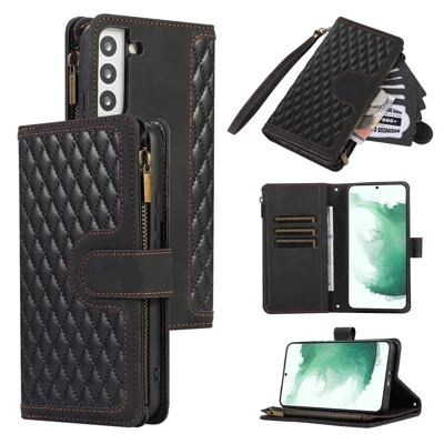 For Samsung Galaxy S22 5G 9 Card Slots Zipper Pocket PU Leather Phone Case Rhombus Imprint Stand Wallet Cover - Black